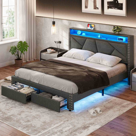 AOGLLATI Bed Frame AOGLLATI Led Bed Frame with 2 Storage Drawers & Charging Station Dark Gray