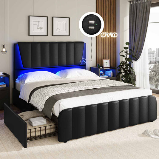 AOGLLATI Bed Frame AOGLLATI LED Bed Frame with Adjustable Headboard Black
