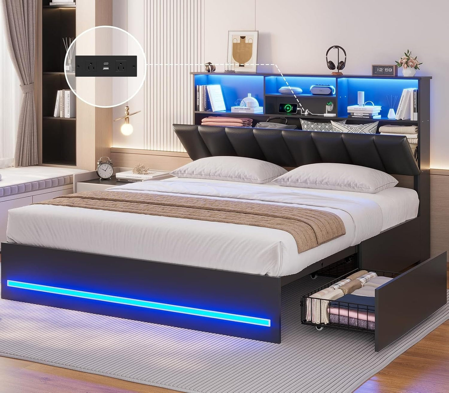 AOGLLATI Bed Frame AOGLLATI LED Bed Frame with Bookcase Headboard & Charging Station & 4 Storage Drawers,Black