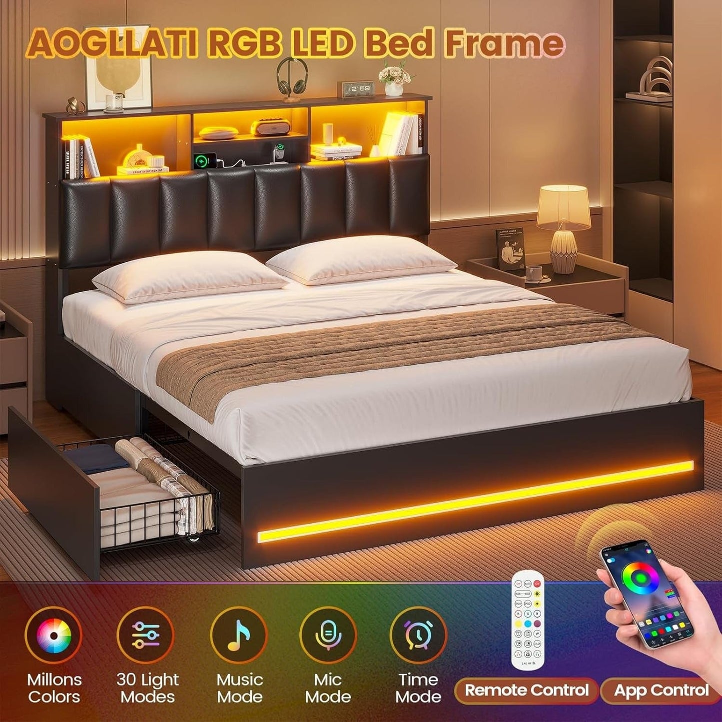 AOGLLATI Bed Frame AOGLLATI LED Bed Frame with Bookcase Headboard & Charging Station & 4 Storage Drawers,Black