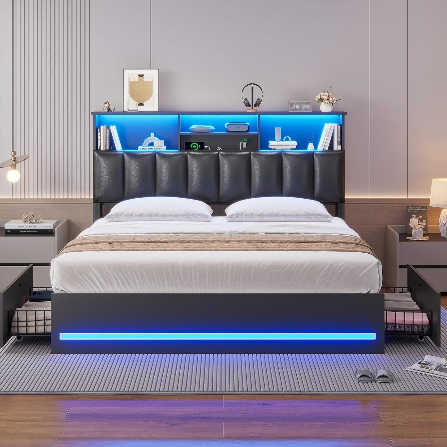 AOGLLATI Bed Frame AOGLLATI LED Bed Frame with Bookcase Headboard & Charging Station & 4 Storage Drawers,Black