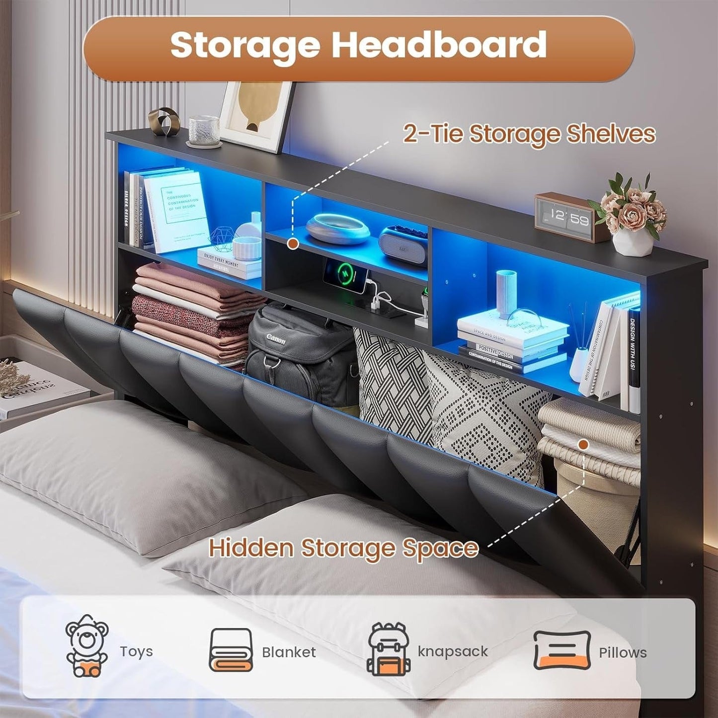 AOGLLATI Bed Frame AOGLLATI LED Bed Frame with Bookcase Headboard & Charging Station & 4 Storage Drawers,Black