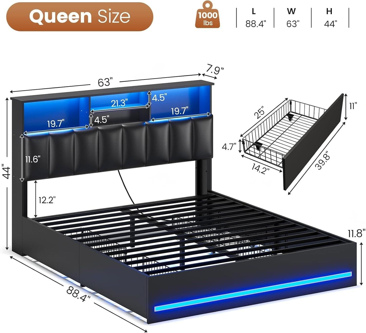 AOGLLATI Bed Frame AOGLLATI LED Bed Frame with Bookcase Headboard & Charging Station & 4 Storage Drawers,Black
