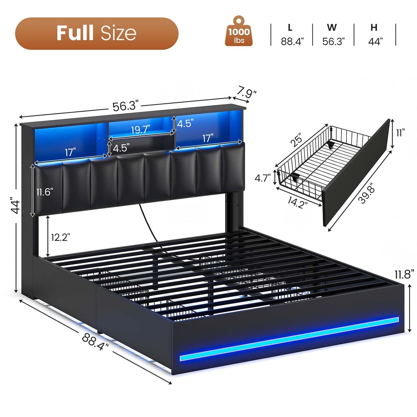 AOGLLATI Bed Frame AOGLLATI LED Bed Frame with Bookcase Headboard & Charging Station & 4 Storage Drawers,Black