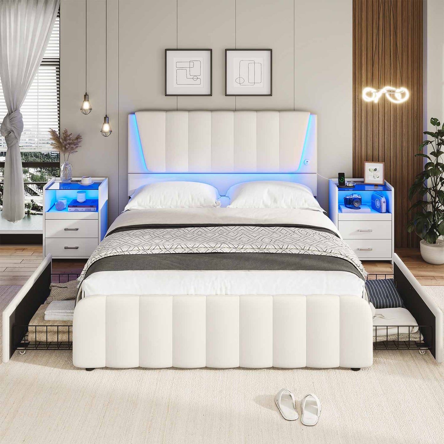 AOGLLATI Bed Frame AOGLLATI Led Platform Bed Frame with Headboard White