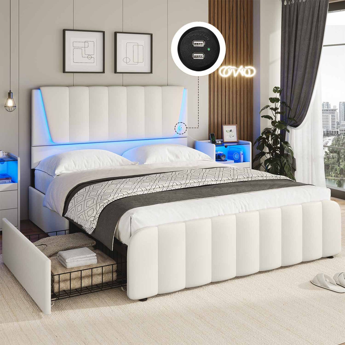 AOGLLATI Bed Frame AOGLLATI Led Platform Bed Frame with Headboard White