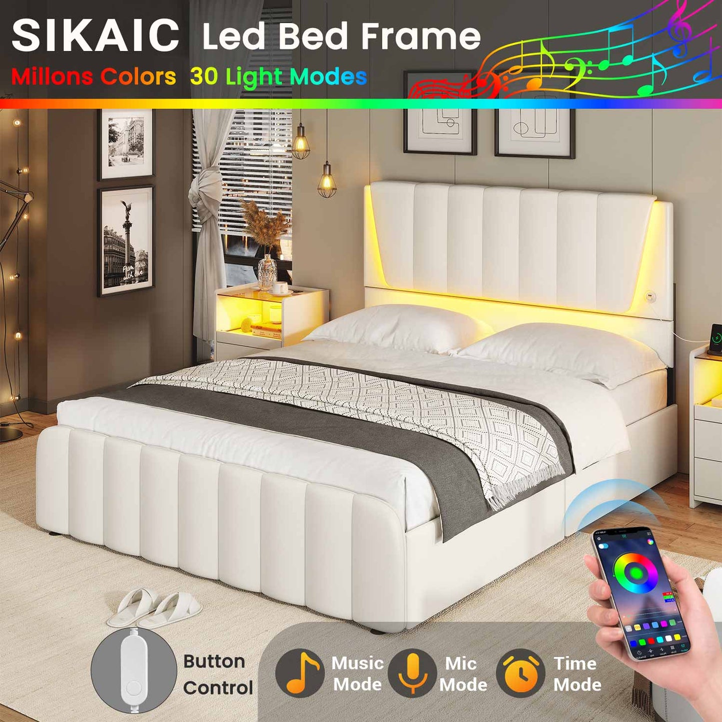 AOGLLATI Bed Frame AOGLLATI Led Platform Bed Frame with Headboard White