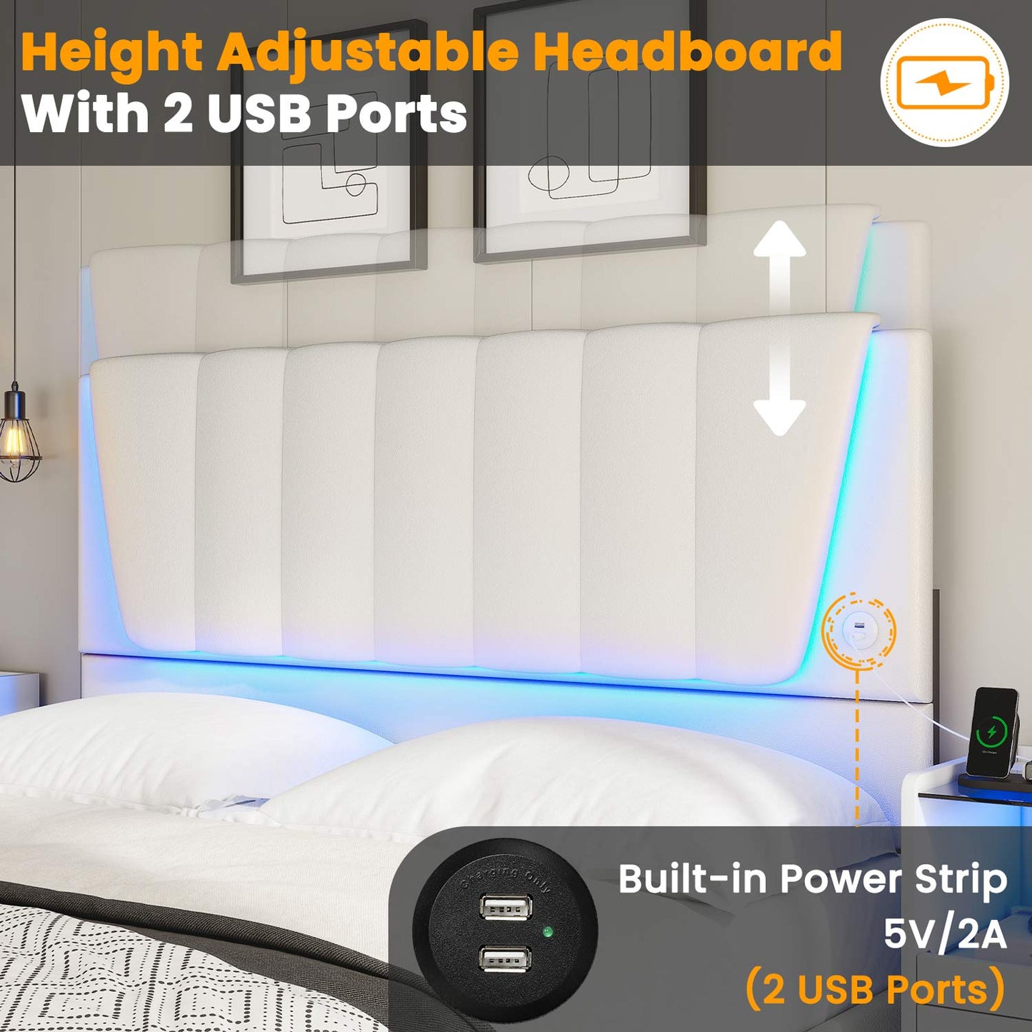 AOGLLATI Bed Frame AOGLLATI Led Platform Bed Frame with Headboard White
