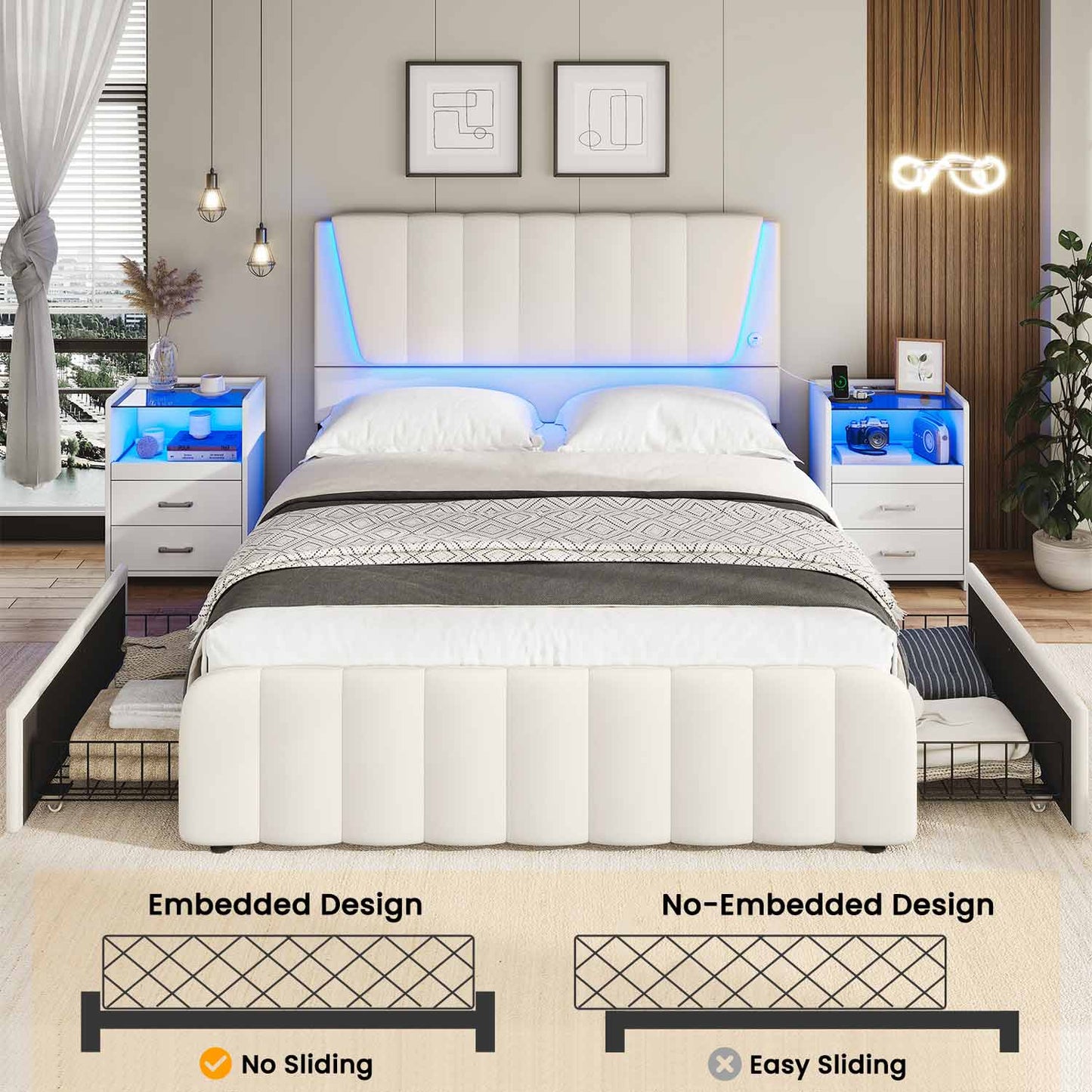 AOGLLATI Bed Frame AOGLLATI Led Platform Bed Frame with Headboard White
