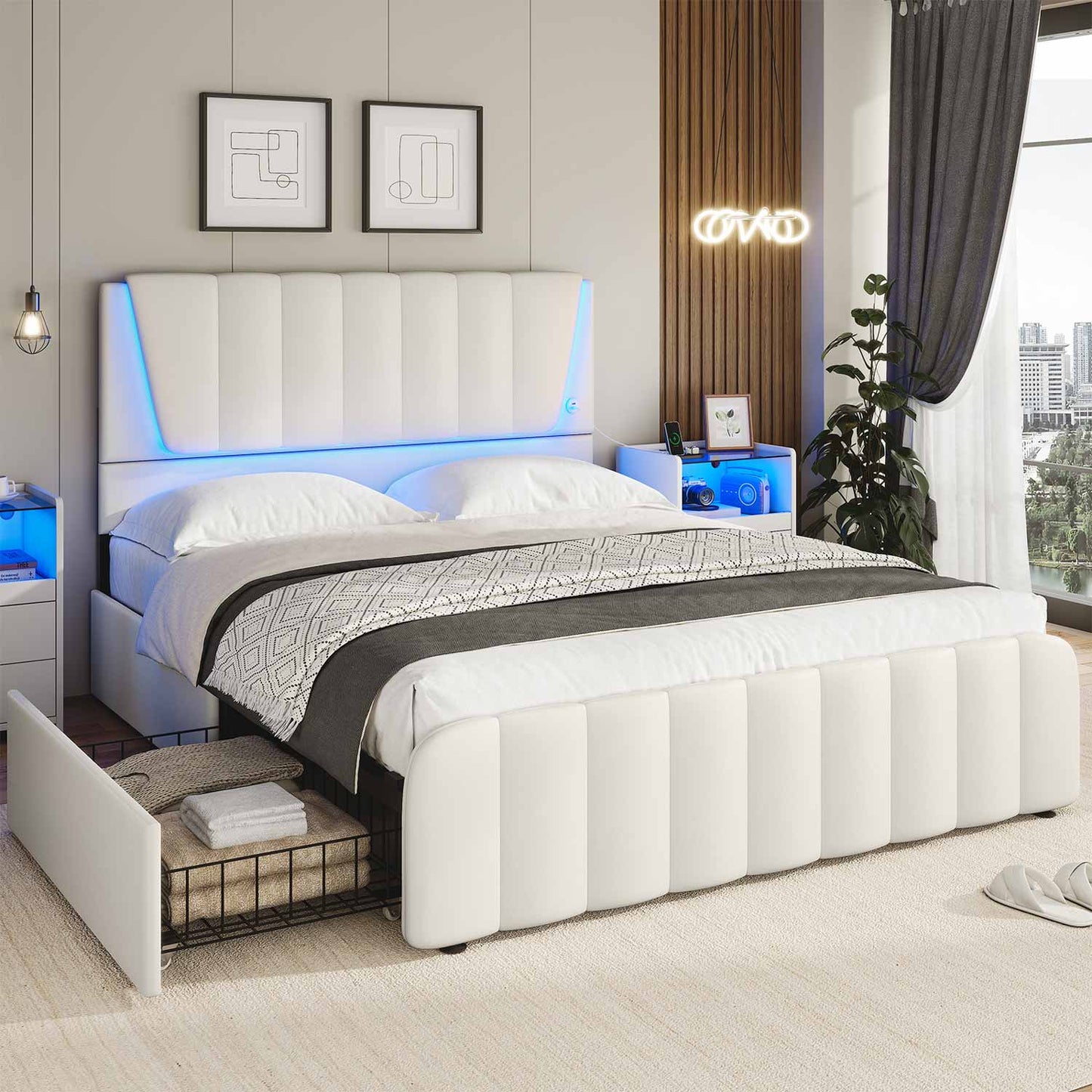 AOGLLATI Bed Frame AOGLLATI Led Platform Bed Frame with Headboard White