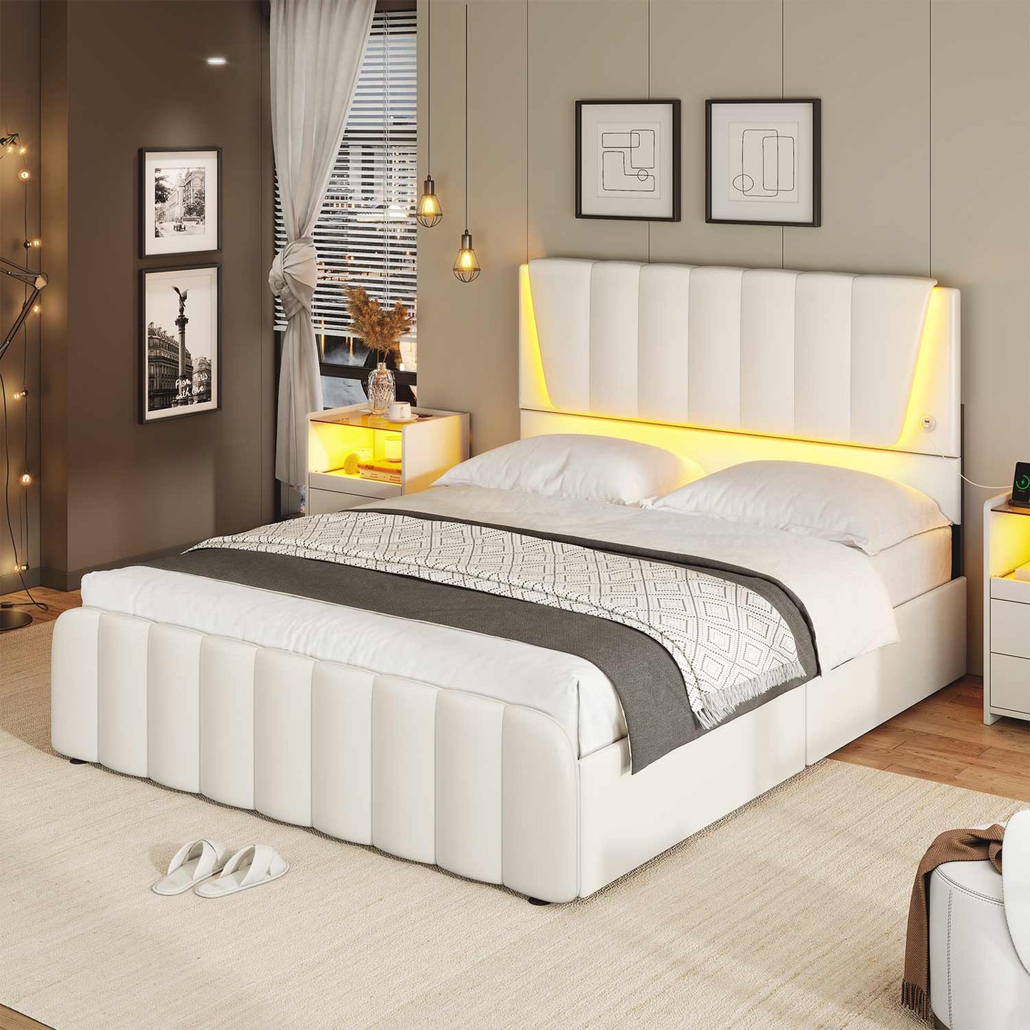AOGLLATI Bed Frame AOGLLATI Led Platform Bed Frame with Headboard White