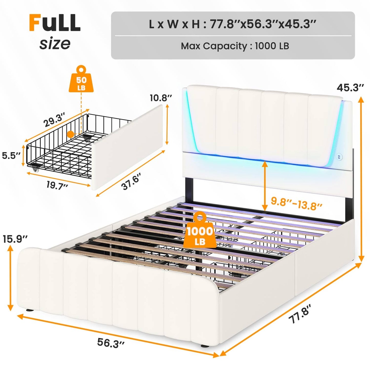 AOGLLATI Bed Frame AOGLLATI Led Platform Bed Frame with Headboard White