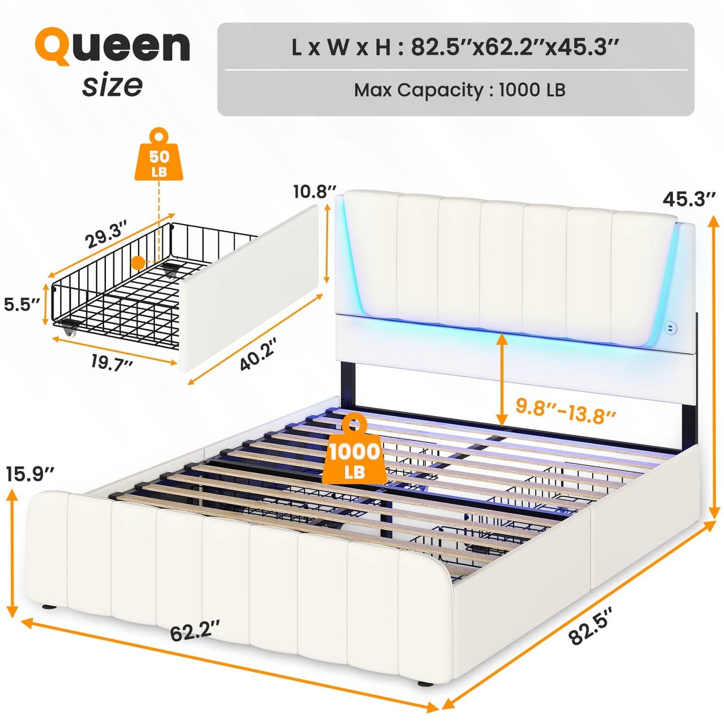 AOGLLATI Bed Frame AOGLLATI Led Platform Bed Frame with Headboard White