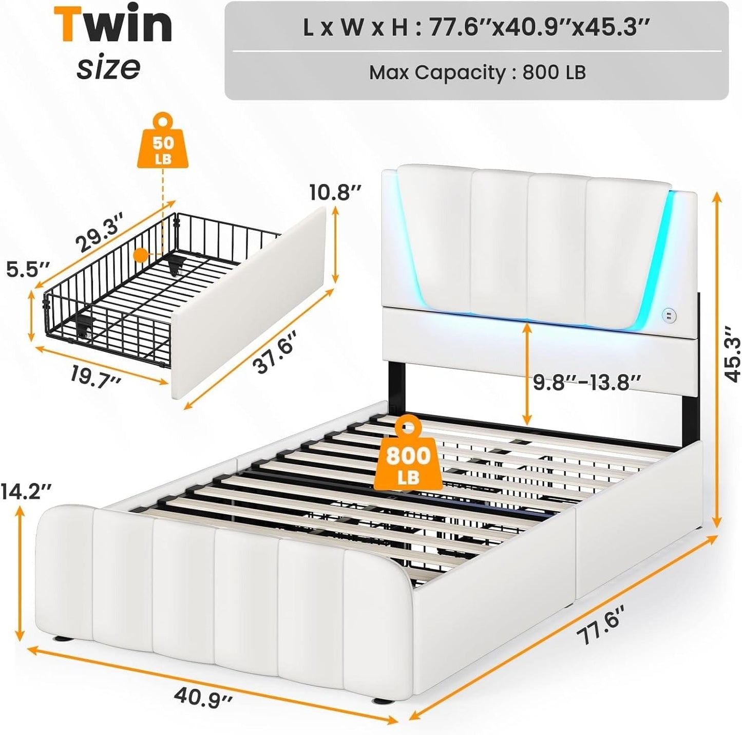 AOGLLATI Bed Frame AOGLLATI Led Platform Bed Frame with Headboard White