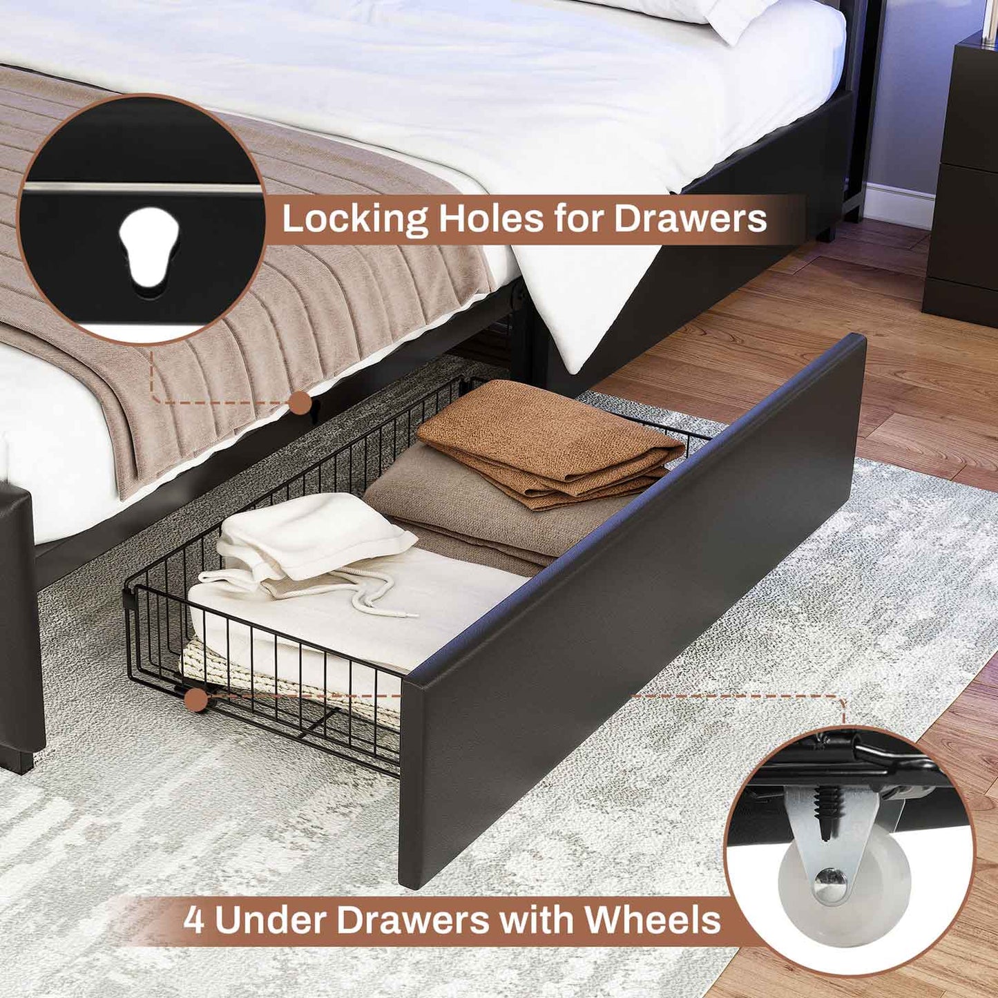 AOGLLATI Bed Frame AOGLLATI Led Upholstered Bed Frame with 4 Drawers Storage Headboard & Column Design Black