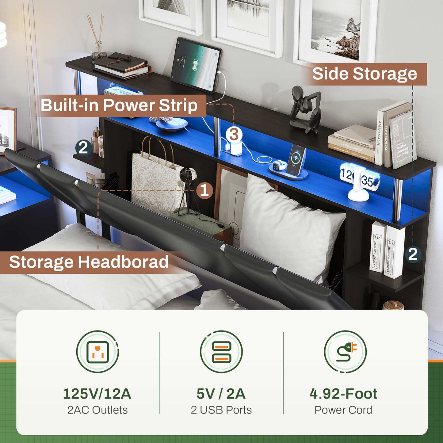 AOGLLATI Bed Frame AOGLLATI Led Upholstered Bed Frame with 4 Drawers Storage Headboard & Column Design Black