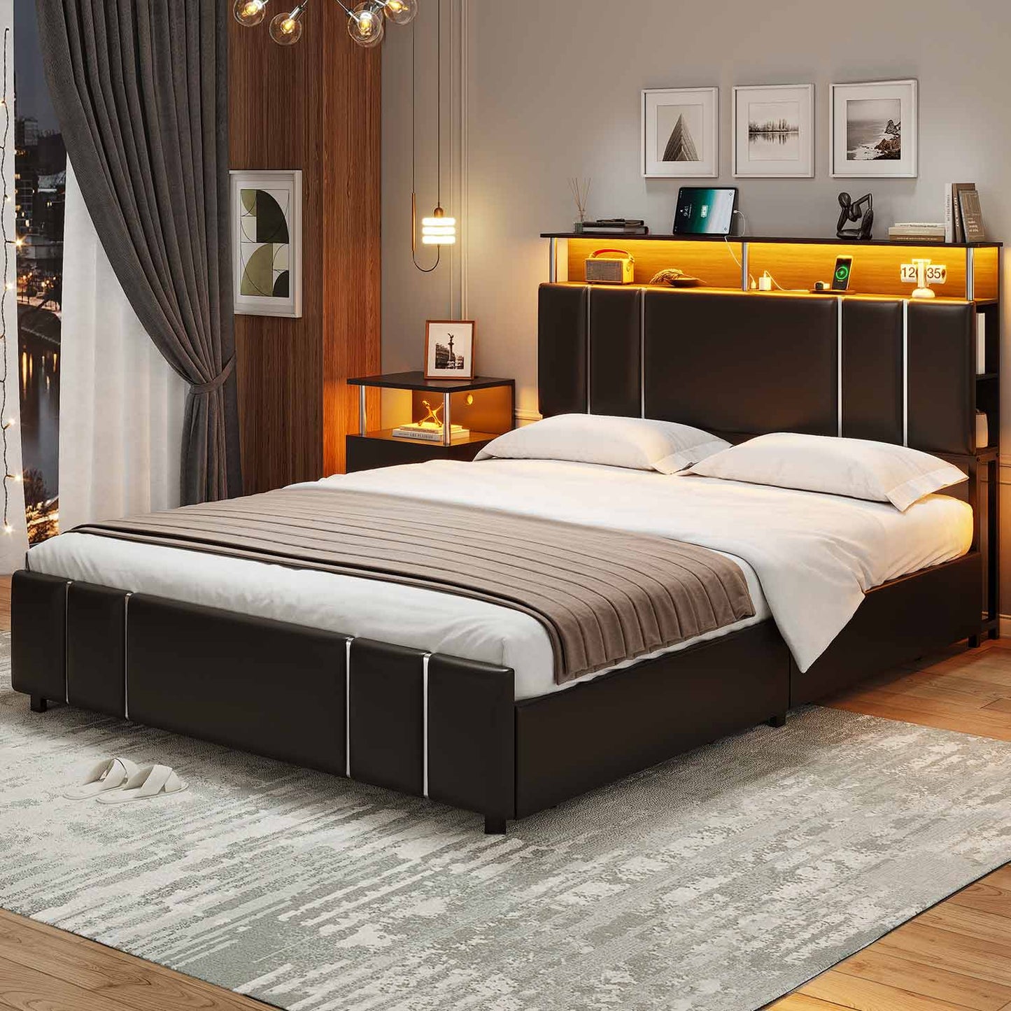 AOGLLATI Bed Frame AOGLLATI Led Upholstered Bed Frame with 4 Drawers Storage Headboard & Column Design Black