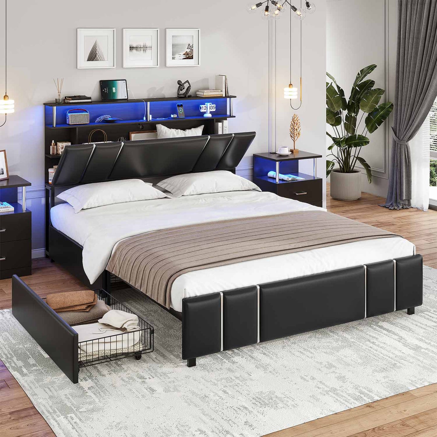 AOGLLATI Bed Frame AOGLLATI Led Upholstered Bed Frame with 4 Drawers Storage Headboard & Column Design Black