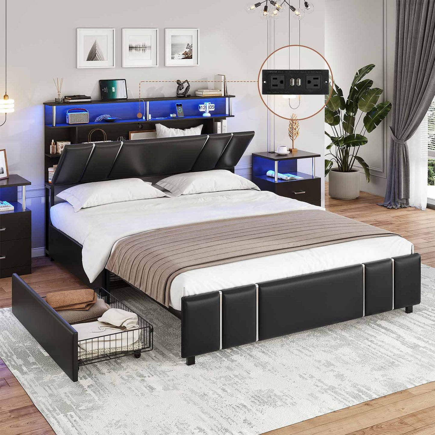 AOGLLATI Bed Frame AOGLLATI Led Upholstered Bed Frame with 4 Drawers Storage Headboard & Column Design Black
