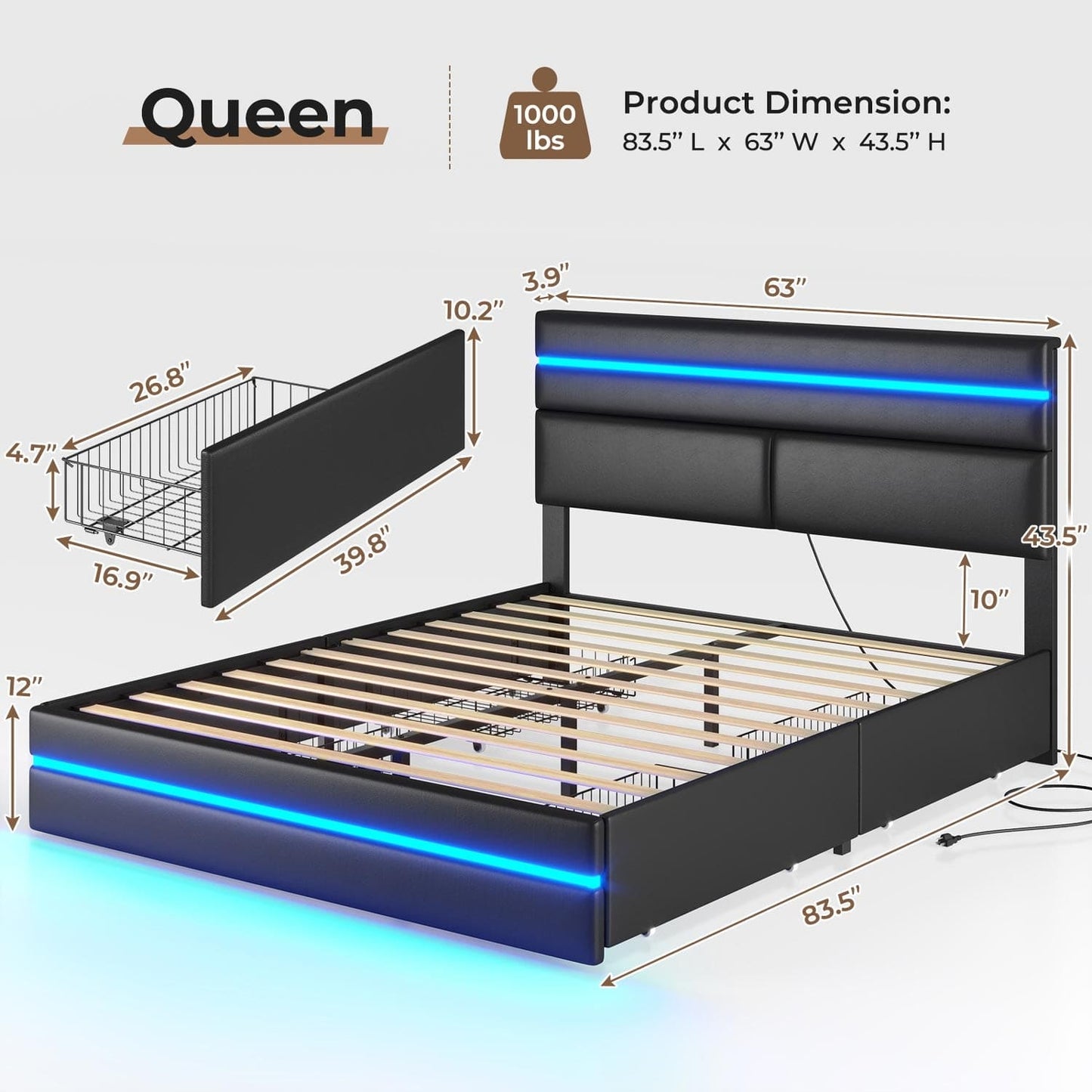 AOGLLATI Bed Frame AOGLLATI  Metal Bed Frame with Charging Station and  LED Lights Headboard & 4 Drawers