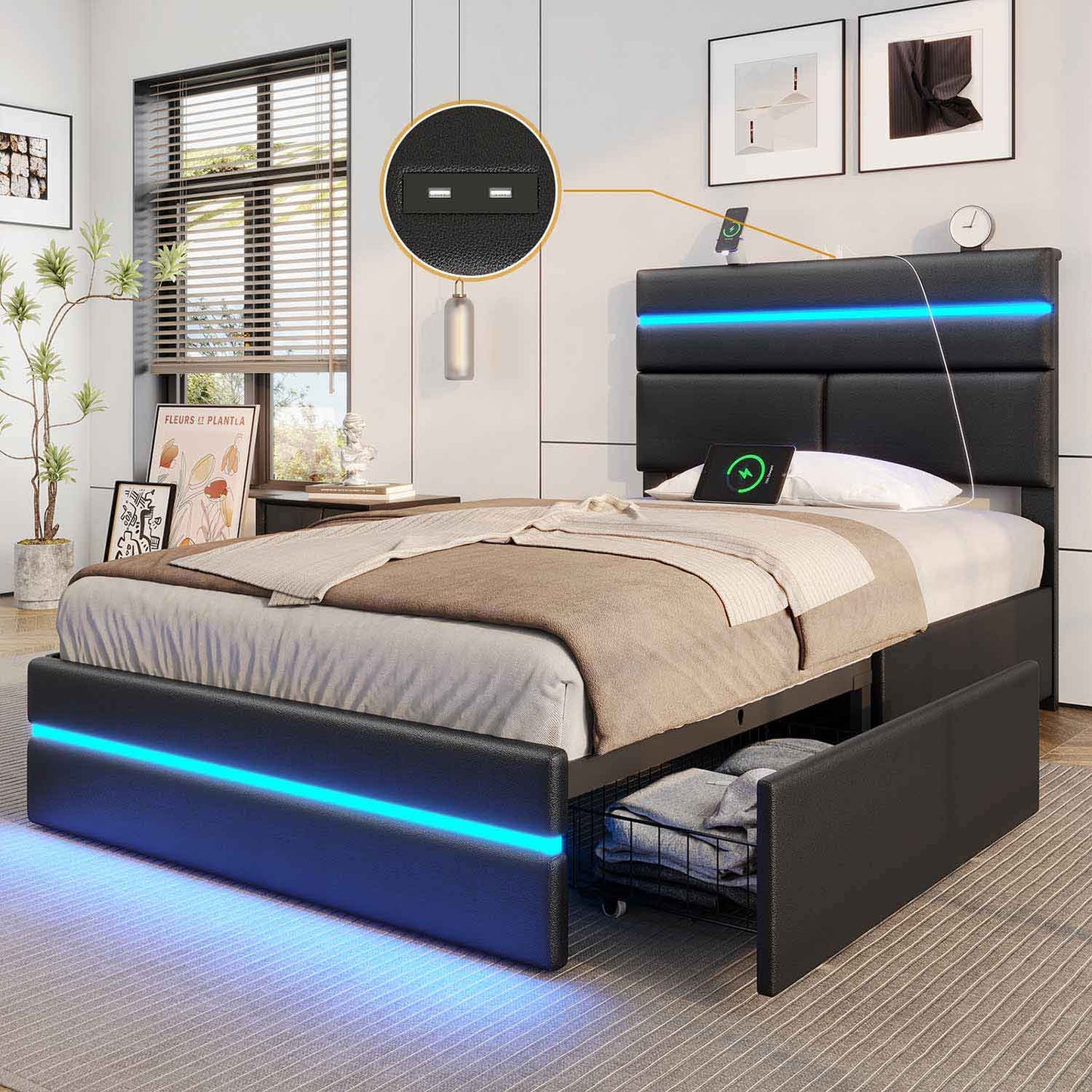 AOGLLATI Bed Frame Black / 人造皮革 / Modern AOGLLATI LED Bed Frames with 4 Storage Drawers & Headboard Black