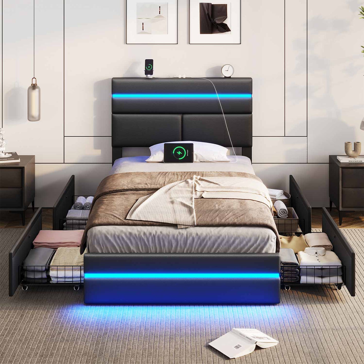 AOGLLATI Bed Frame Black / 人造皮革 / Modern AOGLLATI LED Bed Frames with 4 Storage Drawers & Headboard Black
