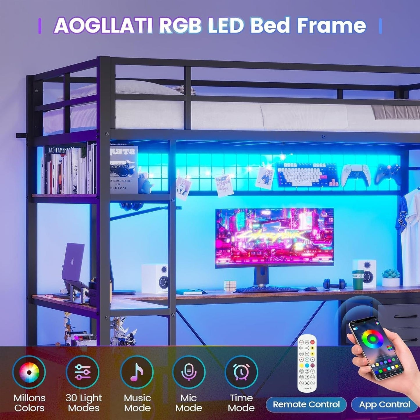 AOGLLATI Bed Frame Black / Modern / Metal AOGLLATI Loft Metal LED Bed with L-Shaped Desk, Charging Station, No Box Spring Needed, Black