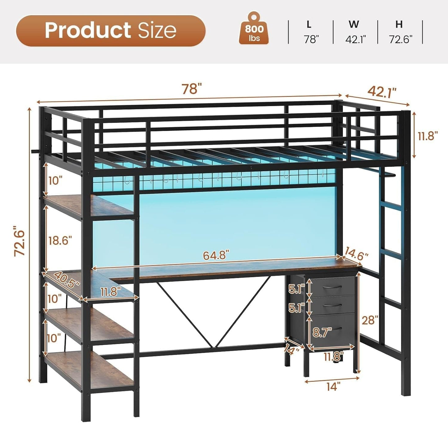 AOGLLATI Bed Frame Black / Modern / Metal AOGLLATI Loft Metal LED Bed with L-Shaped Desk, Charging Station, No Box Spring Needed, Black