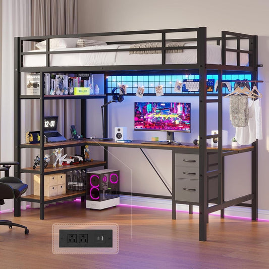 AOGLLATI Bed Frame Black / Modern / Metal AOGLLATI Loft Metal LED Bed with L-Shaped Desk, Charging Station, No Box Spring Needed, Black