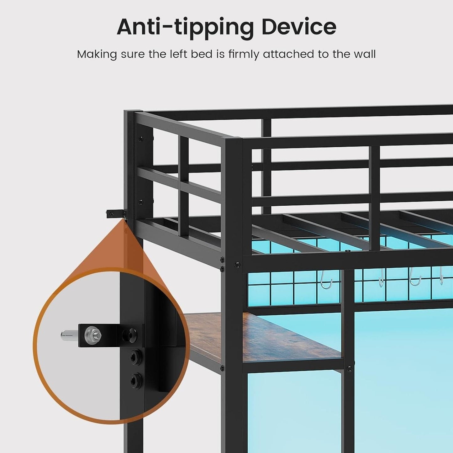 AOGLLATI Bed Frame Black / Modern / Metal AOGLLATI Loft Metal LED Bed with L-Shaped Desk, Charging Station, No Box Spring Needed, Black