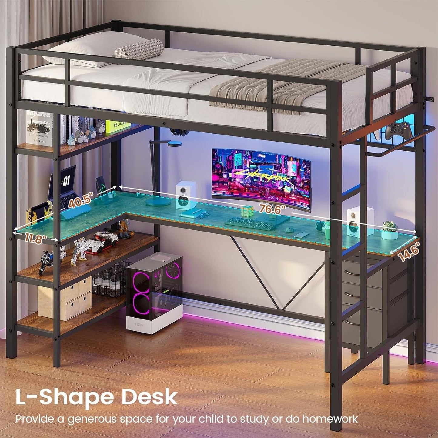 AOGLLATI Bed Frame Black / Modern / Metal AOGLLATI Loft Metal LED Bed with L-Shaped Desk, Charging Station, No Box Spring Needed, Black