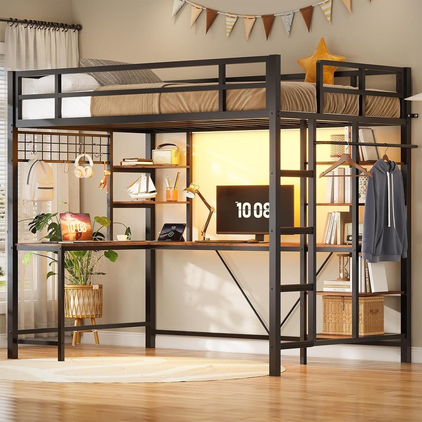 AOGLLATI Bed Frame Black / Modern / Metal AOGLLATI Metal Loft Bed Twin Size with Charging Station,LED Lights,Storage Shelves,Clothing Rail, Black