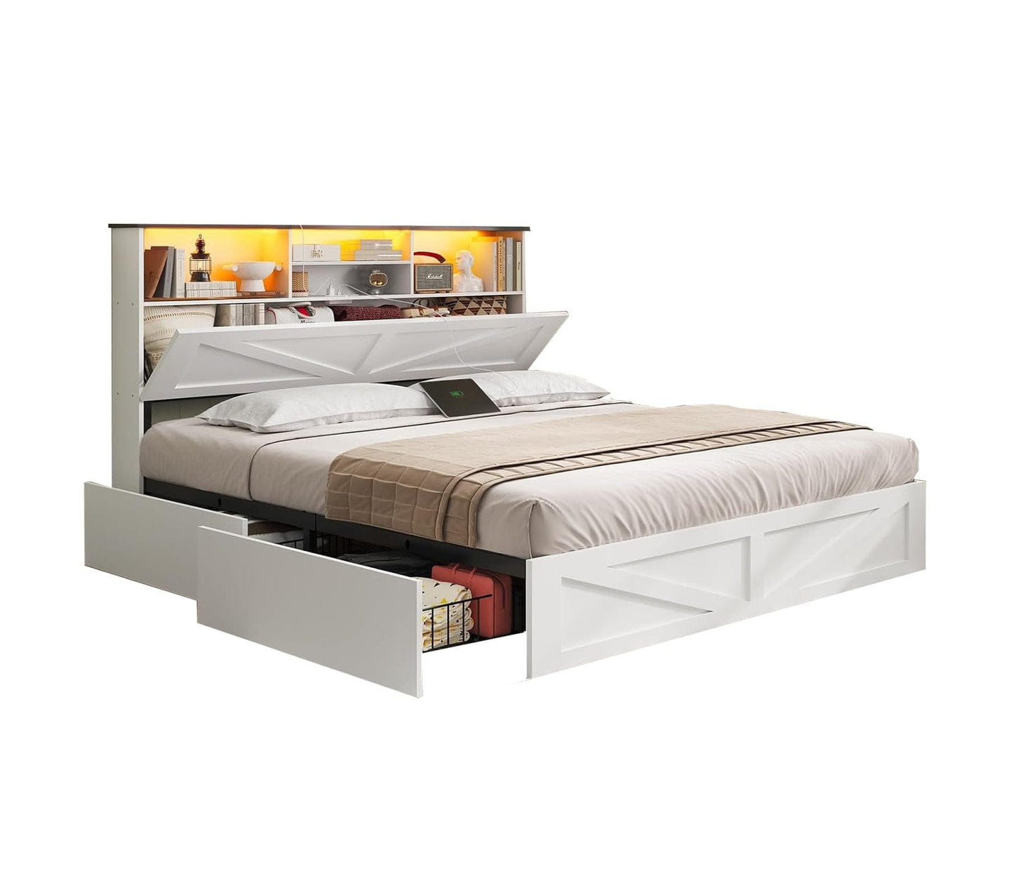 AOGLLATI Bed Frame Farmhouse Bed Frame 4 Drawers