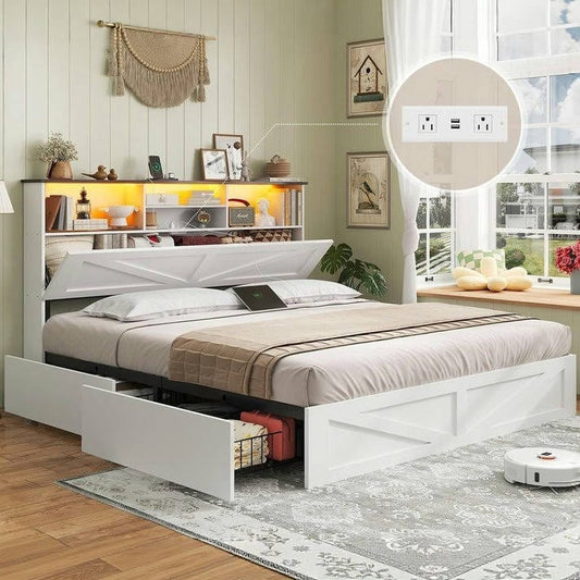 AOGLLATI Bed Frame Farmhouse Bed Frame 4 Drawers