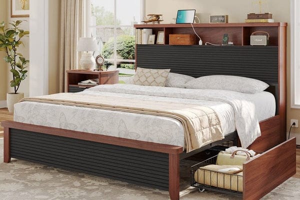 Aogllati Slanted Louvre Design Bed Frame and Nightstand