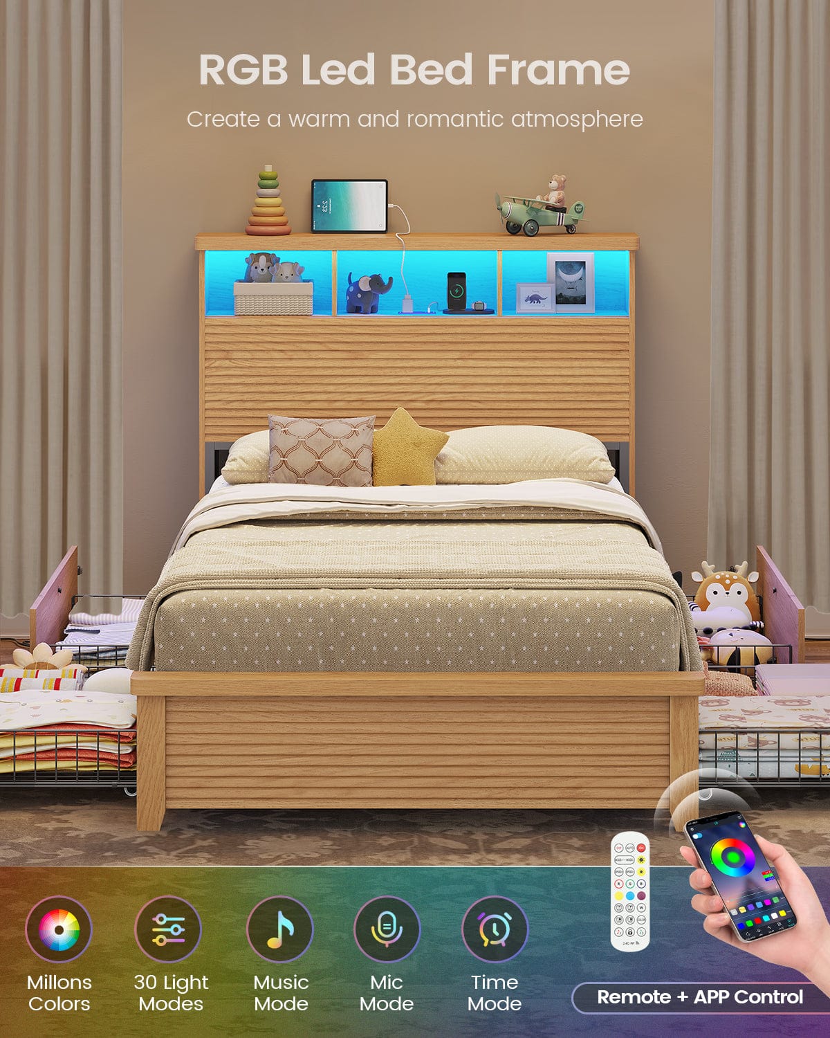 AOGLLATI Bed Frame Fluted Bed Frames Wood