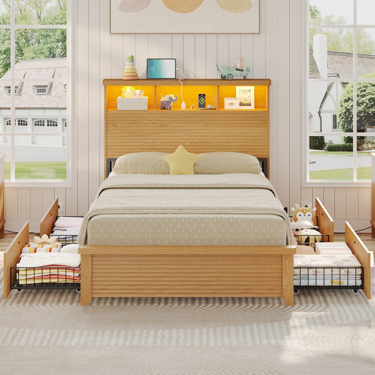 AOGLLATI Bed Frame Fluted Bed Frames Wood