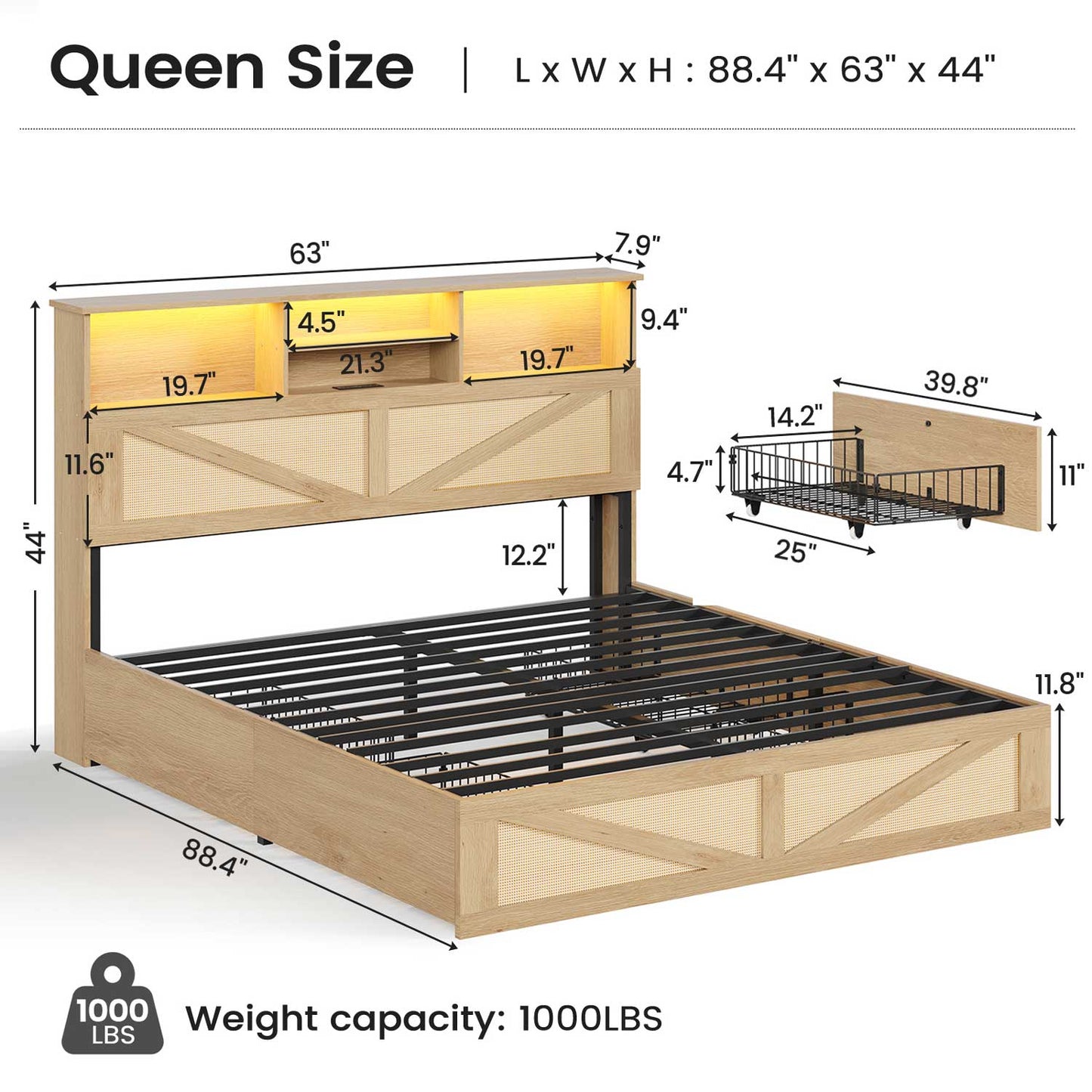AOGLLATI Bed Frame Full Size Bed Frame with 4 Drawers & 2-Tier Bookcase Hidden Headboard Wood