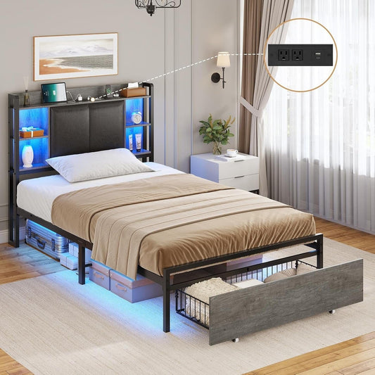 AOGLLATI Bed Frame Grey / Twin Bed with 4 Drawers / Metal LED Bed Frame Grey