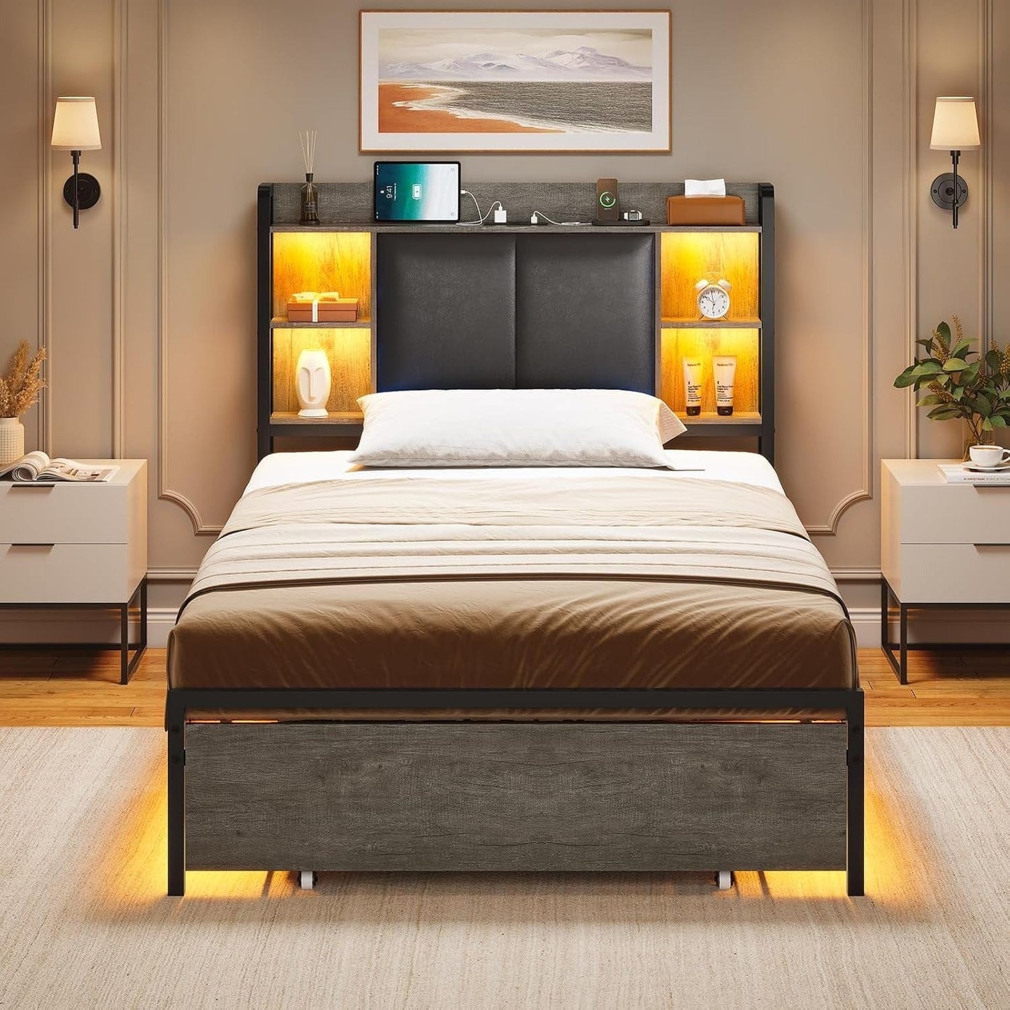 AOGLLATI Bed Frame Grey / Twin Bed with 4 Drawers / Metal LED Bed Frame Grey