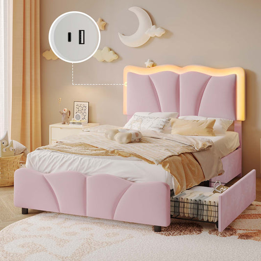 AOGLLATI Bed Frame Pink / Twin Bed with 4 Drawers / Engineered Wood AOGLLATI Bed Frame with 4 Drawers, Upholstered LED Bed Frame with Adjustable Flowers Headboard Pink