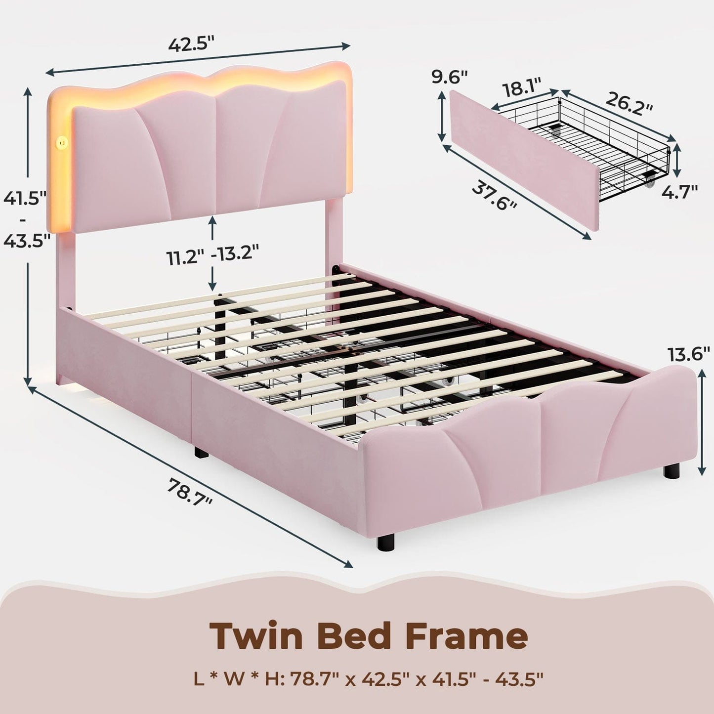 AOGLLATI Bed Frame Pink / Twin Bed with 4 Drawers / Engineered Wood AOGLLATI Bed Frame with 4 Drawers, Upholstered LED Bed Frame with Adjustable Flowers Headboard Pink