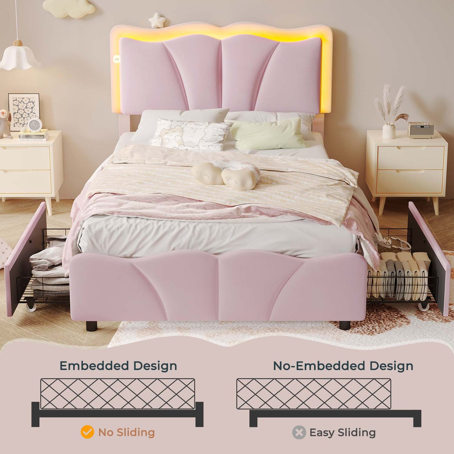AOGLLATI Bed Frame Pink / Twin Bed with 4 Drawers / Engineered Wood AOGLLATI Bed Frame with 4 Drawers, Upholstered LED Bed Frame with Adjustable Flowers Headboard Pink