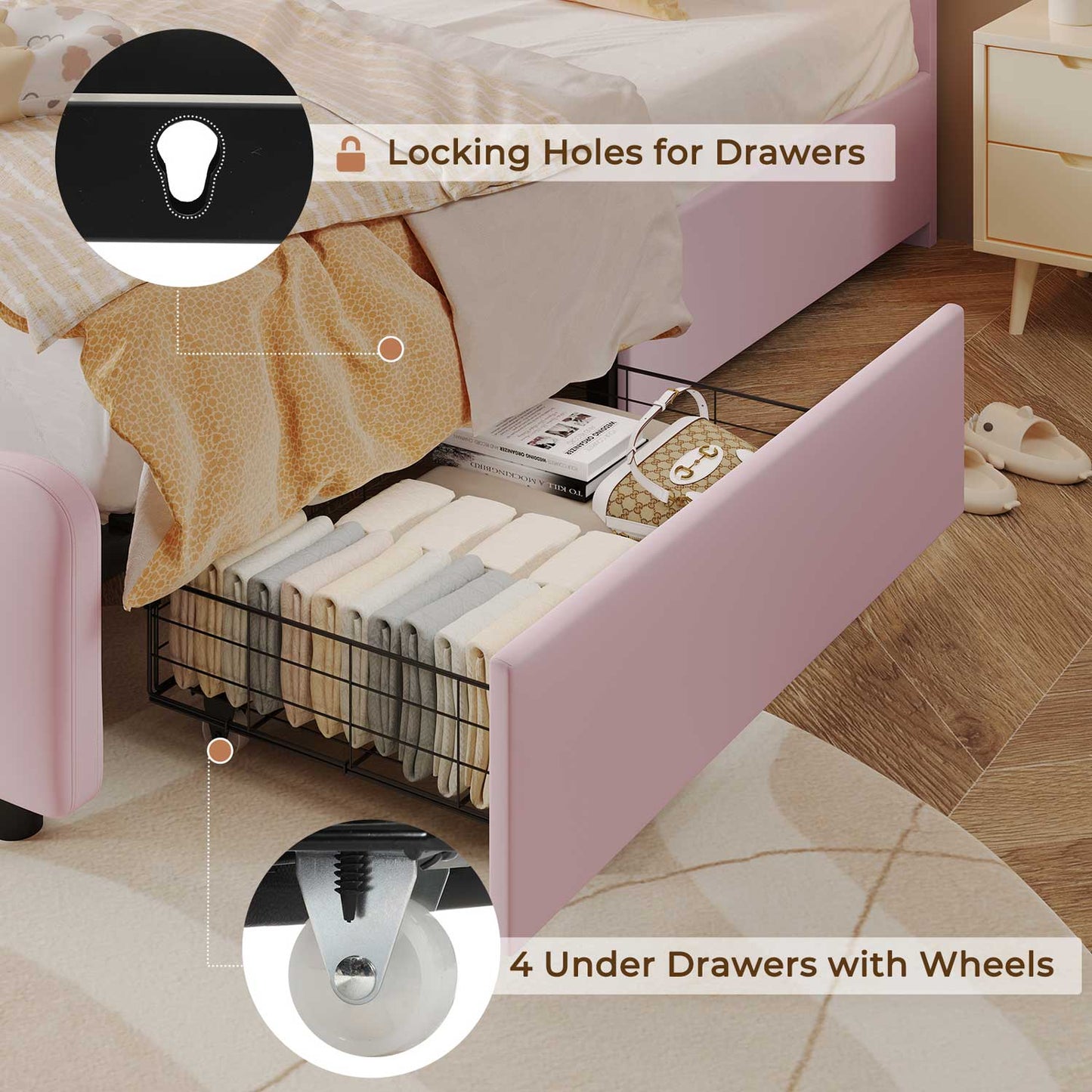 AOGLLATI Bed Frame Pink / Twin Bed with 4 Drawers / Engineered Wood AOGLLATI Bed Frame with 4 Drawers, Upholstered LED Bed Frame with Adjustable Flowers Headboard Pink