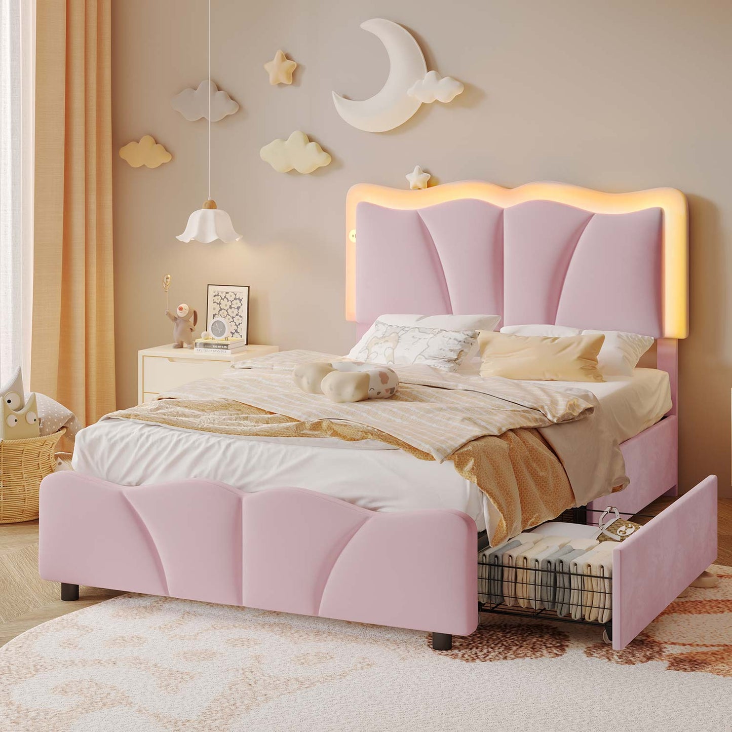 AOGLLATI Bed Frame Pink / Twin Bed with 4 Drawers / Engineered Wood AOGLLATI Bed Frame with 4 Drawers, Upholstered LED Bed Frame with Adjustable Flowers Headboard Pink