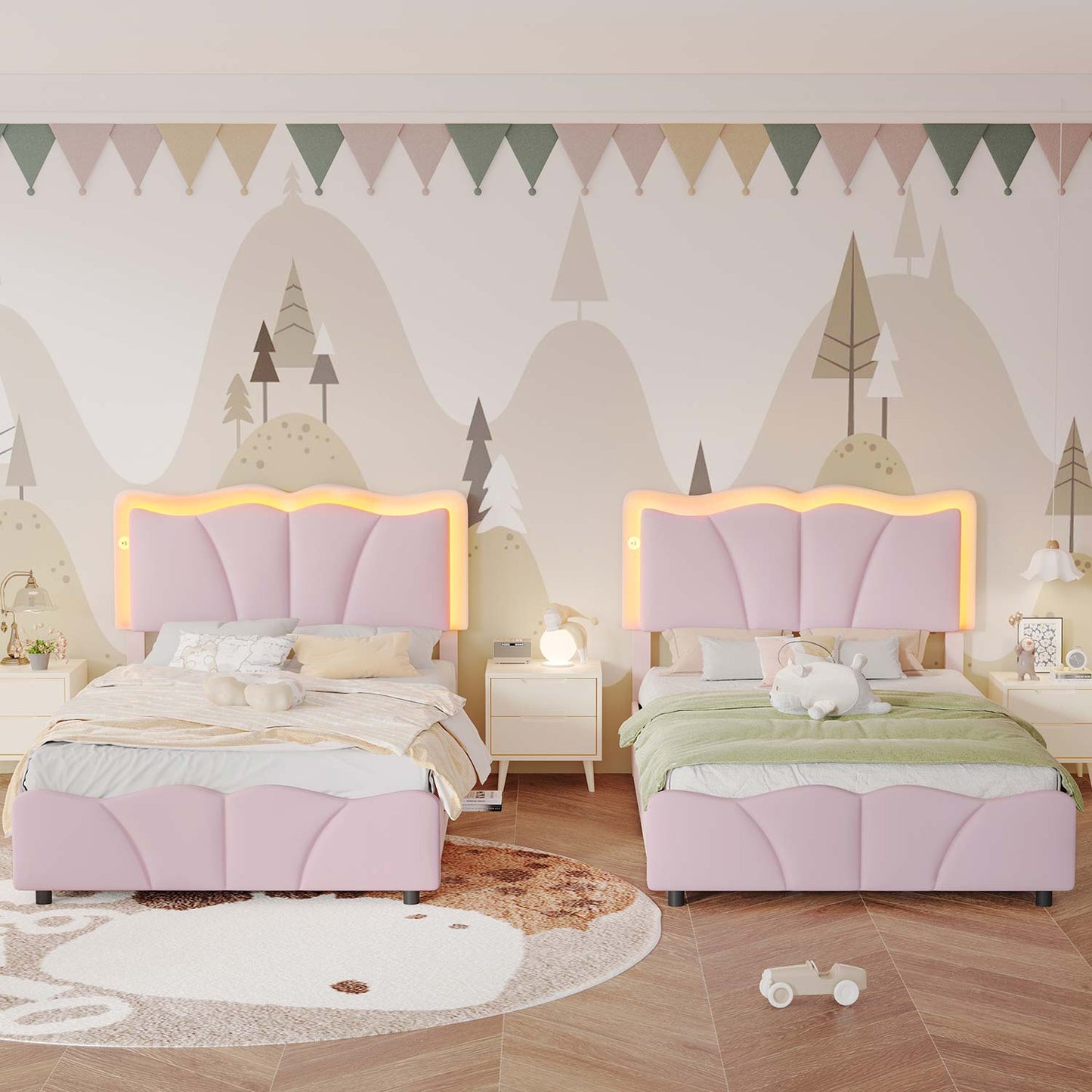 AOGLLATI Bed Frame Pink / Twin Bed with 4 Drawers / Engineered Wood AOGLLATI Bed Frame with 4 Drawers, Upholstered LED Bed Frame with Adjustable Flowers Headboard Pink