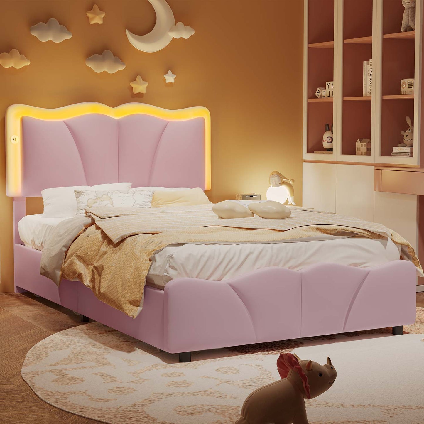 AOGLLATI Bed Frame Pink / Twin Bed with 4 Drawers / Engineered Wood AOGLLATI Bed Frame with 4 Drawers, Upholstered LED Bed Frame with Adjustable Flowers Headboard Pink