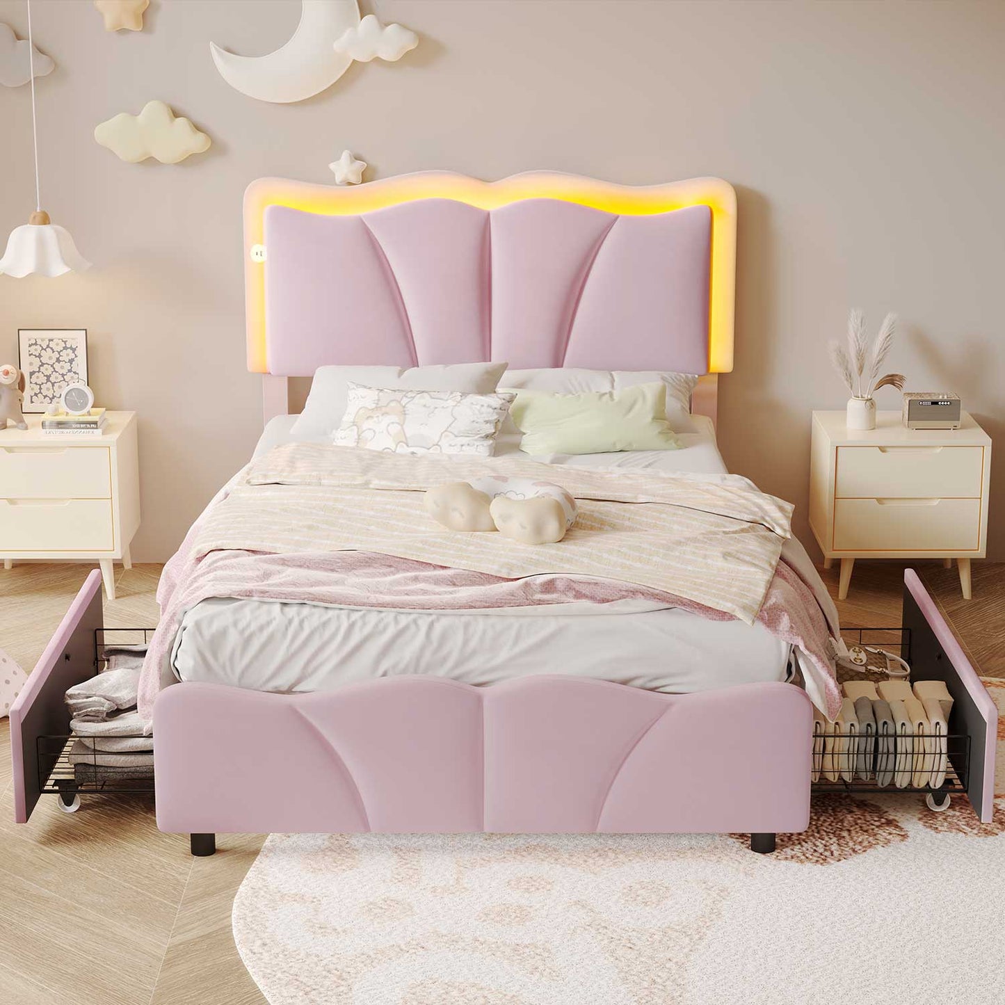 AOGLLATI Bed Frame Pink / Twin Bed with 4 Drawers / Engineered Wood AOGLLATI Bed Frame with 4 Drawers, Upholstered LED Bed Frame with Adjustable Flowers Headboard Pink