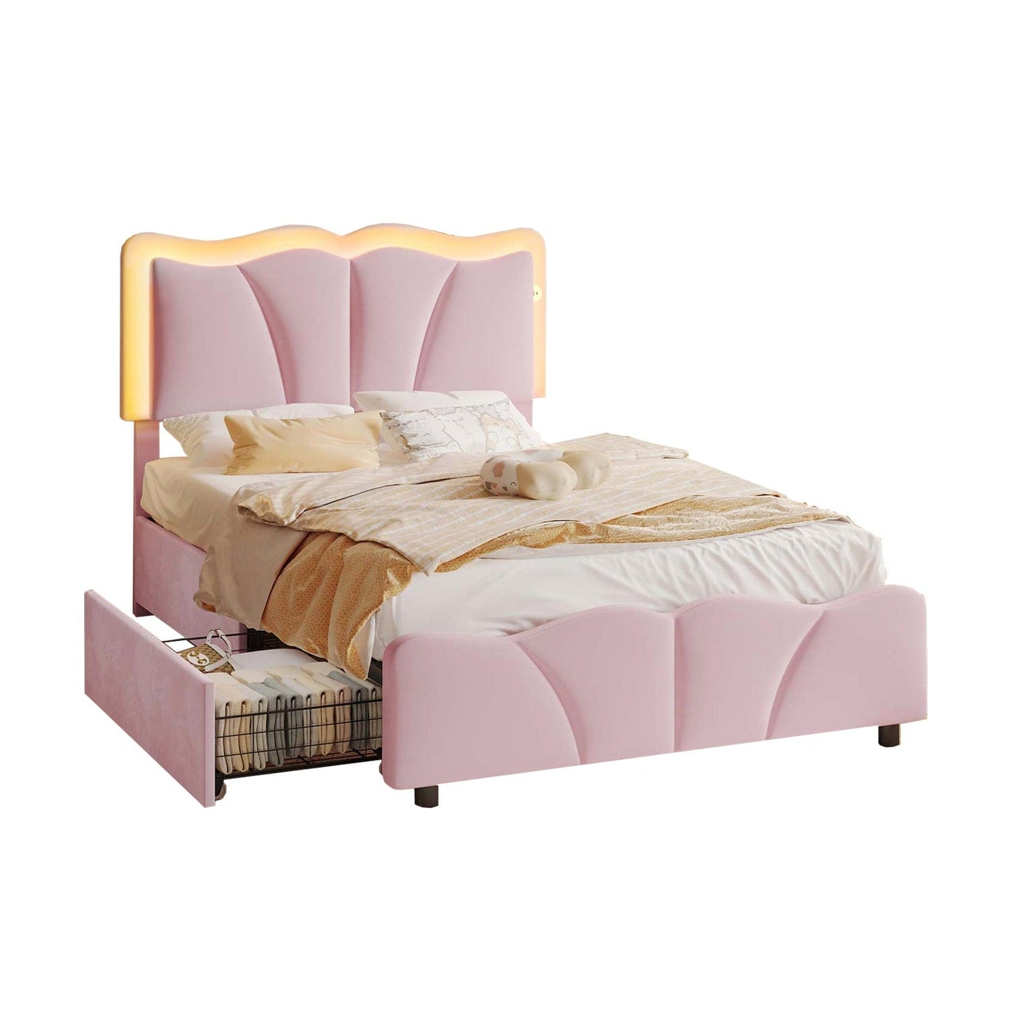 AOGLLATI Bed Frame Pink / Twin Bed with 4 Drawers / Engineered Wood Upholstered Pink Bed Frame