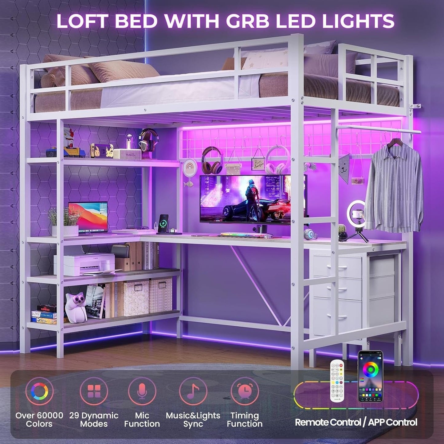 AOGLLATI Bed Frame White / Modern / Metal AOGLLATI Loft Metal LED Bed with L-Shaped Desk, Charging Station, No Box Spring Needed, White